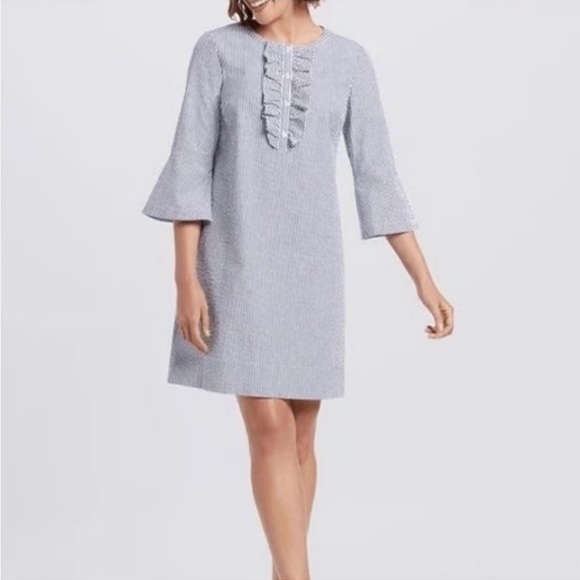 Draper James Blue and White Striped Seersucker Button Up Ruffle Sheath Dress - Picture 1 of 9